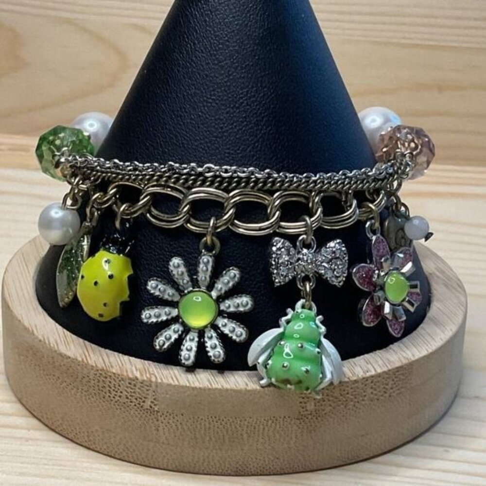 Betsey Johnson Signed Vintage Critters Bugs Flowers Chains Glitter Pearl Bracele